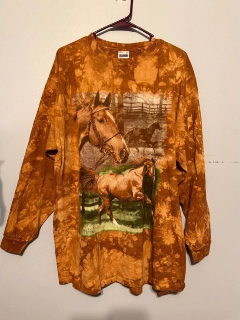 Vintage Perrin Brown Tie Dye Horse Graphic Long Sleeve Tee XL 100% Cotton